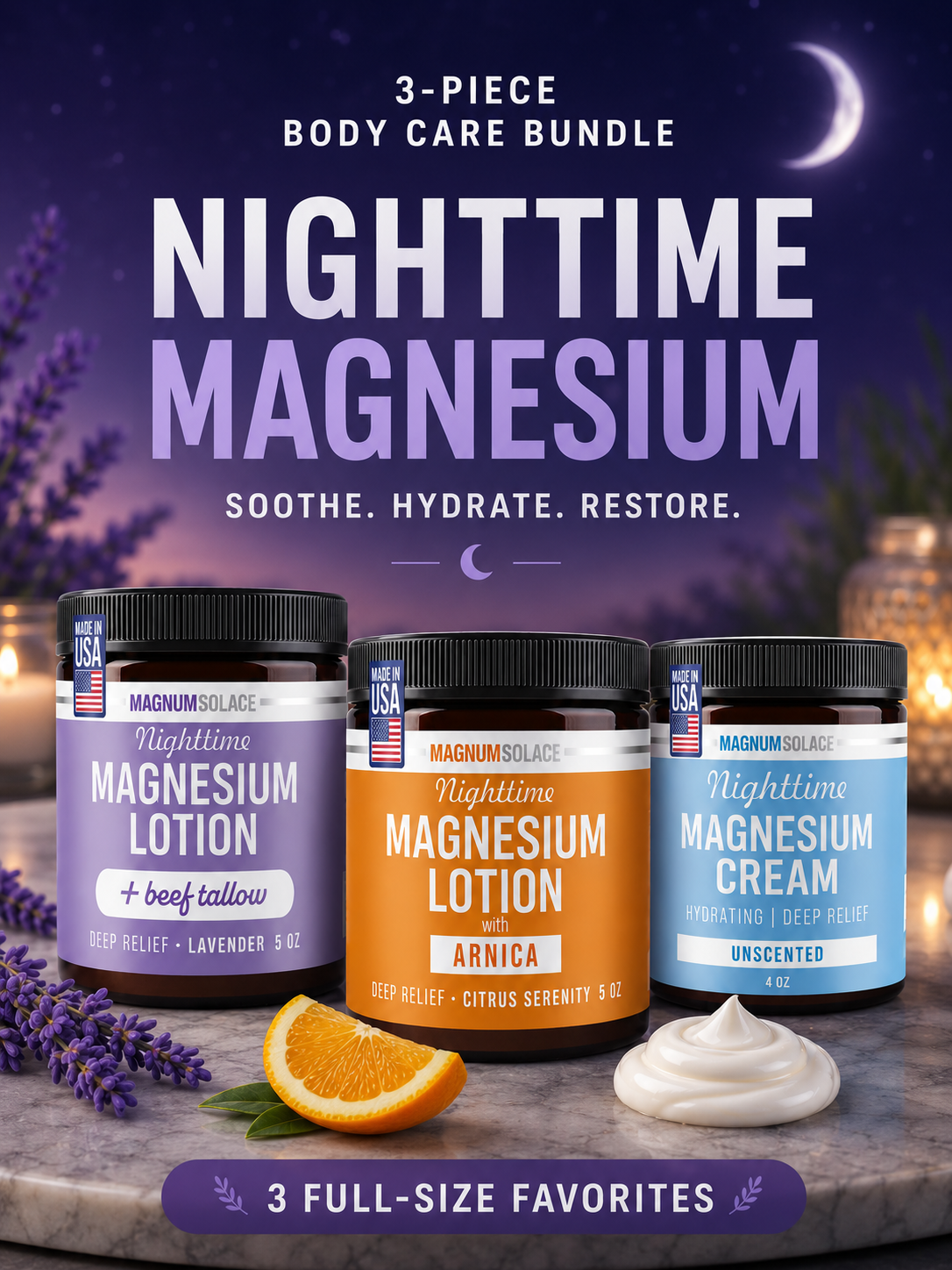 Nighttime Magnesium Body Care Bundle – Tallow Lotion, Arnica Lotion & Unscented Magnesium Cream – 3 Piece Set