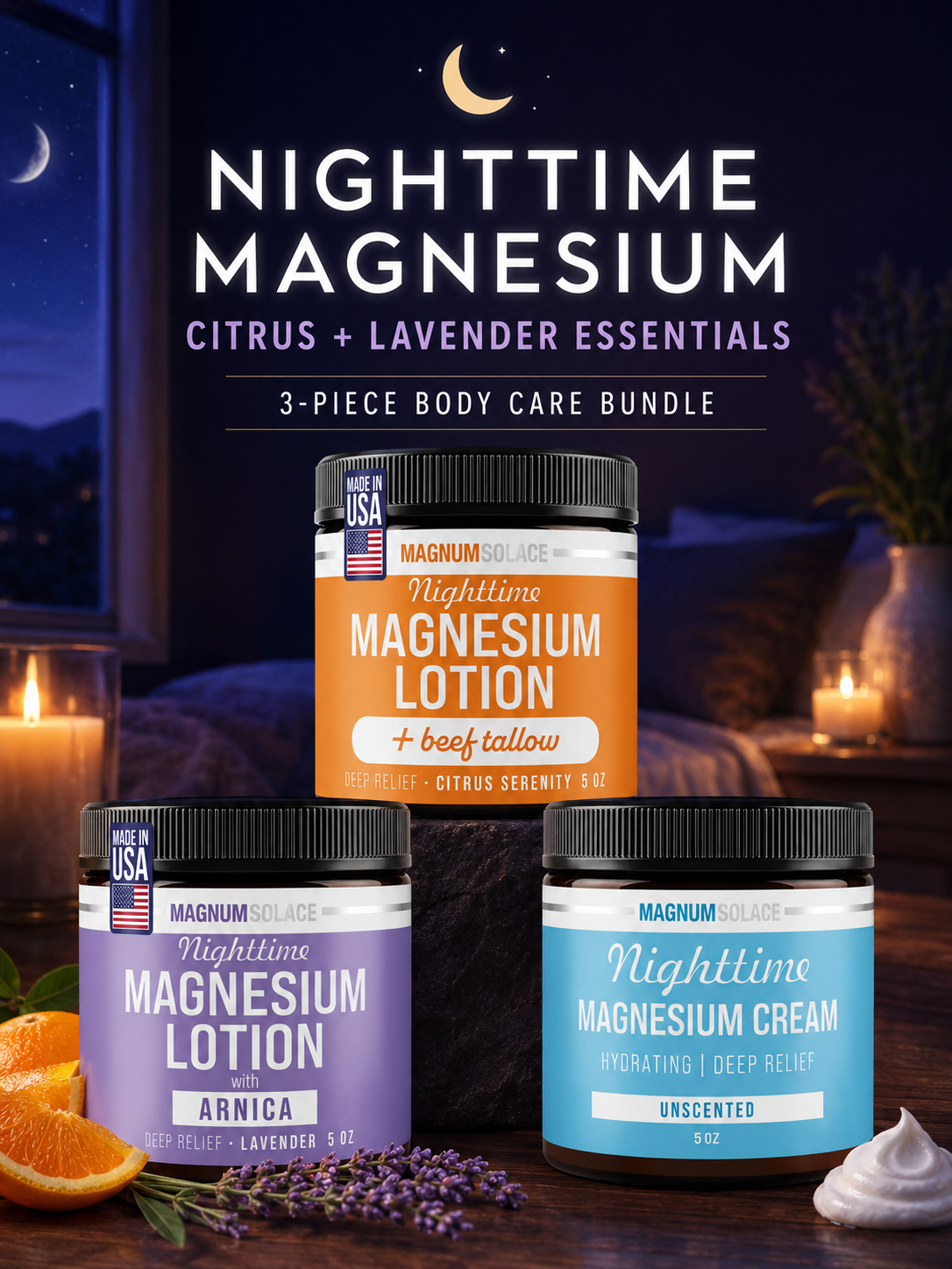 Nighttime Magnesium Body Care Bundle – Lavender Arnica Lotion, Citrus Tallow Lotion & Unscented Magnesium Cream – 3 Piece Set